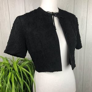 Vintage Frank Usher black cropped raised pattern short sleeve tie front jacket